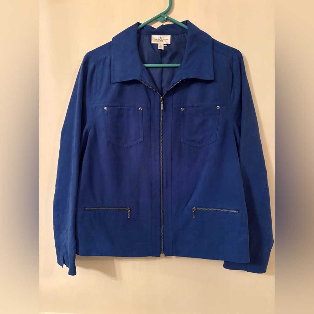 Studio Works Womens Jacket Blue Faux Suede Lined Full Zip-Sz 12